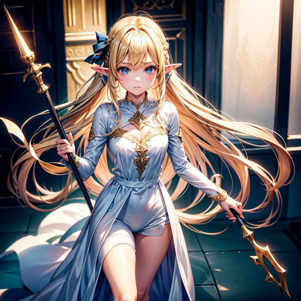 elf Girl holding a staff and standing as support Camera angle looking high. Wear pajamas Blond hair, expressionless face Long hairstyle that reaches the floor white dress clear thighs