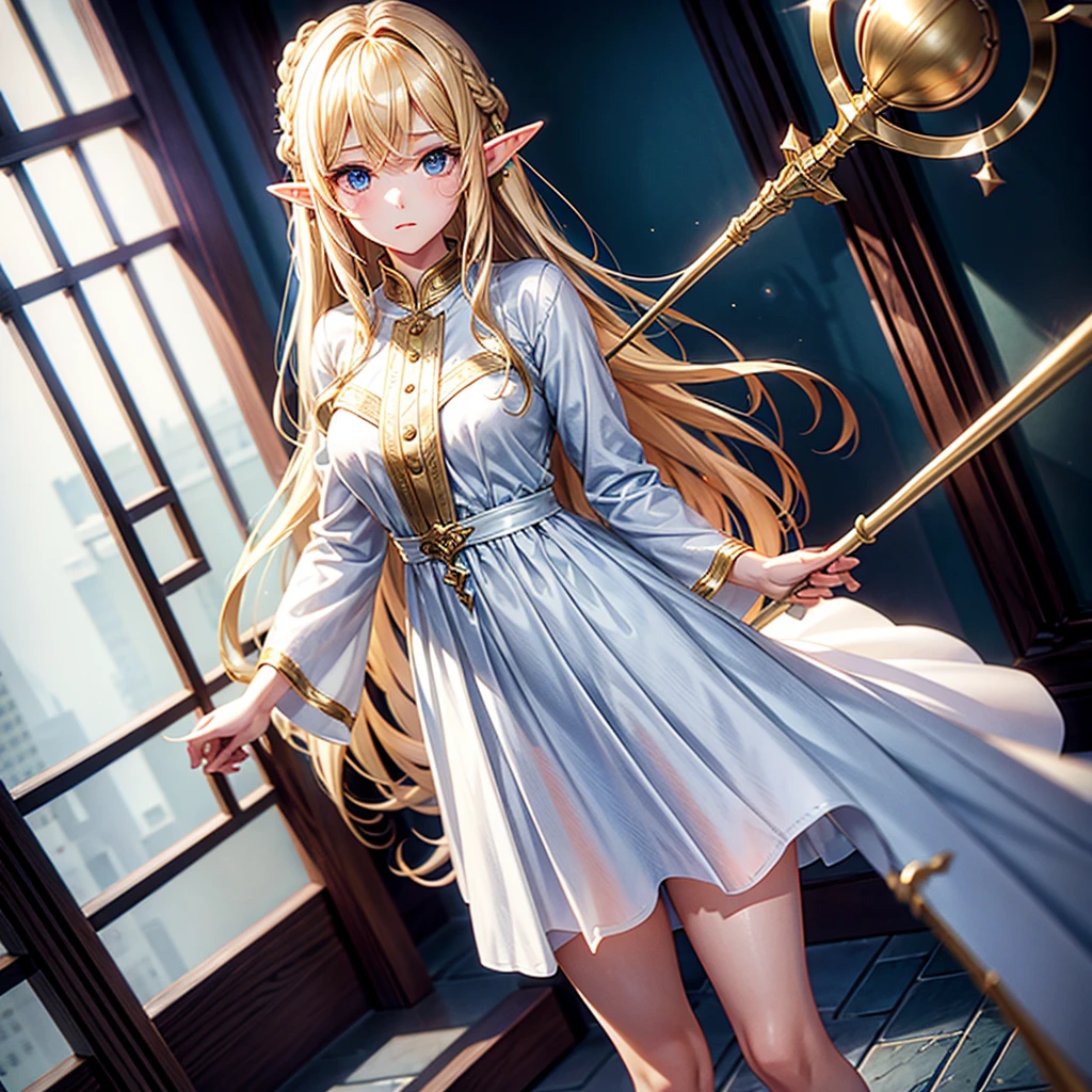 elf Girl holding a staff and standing as support Camera angle looking high. Wear pajamas Blond hair, expressionless face Long hairstyle that reaches the floor white dress clear thighs