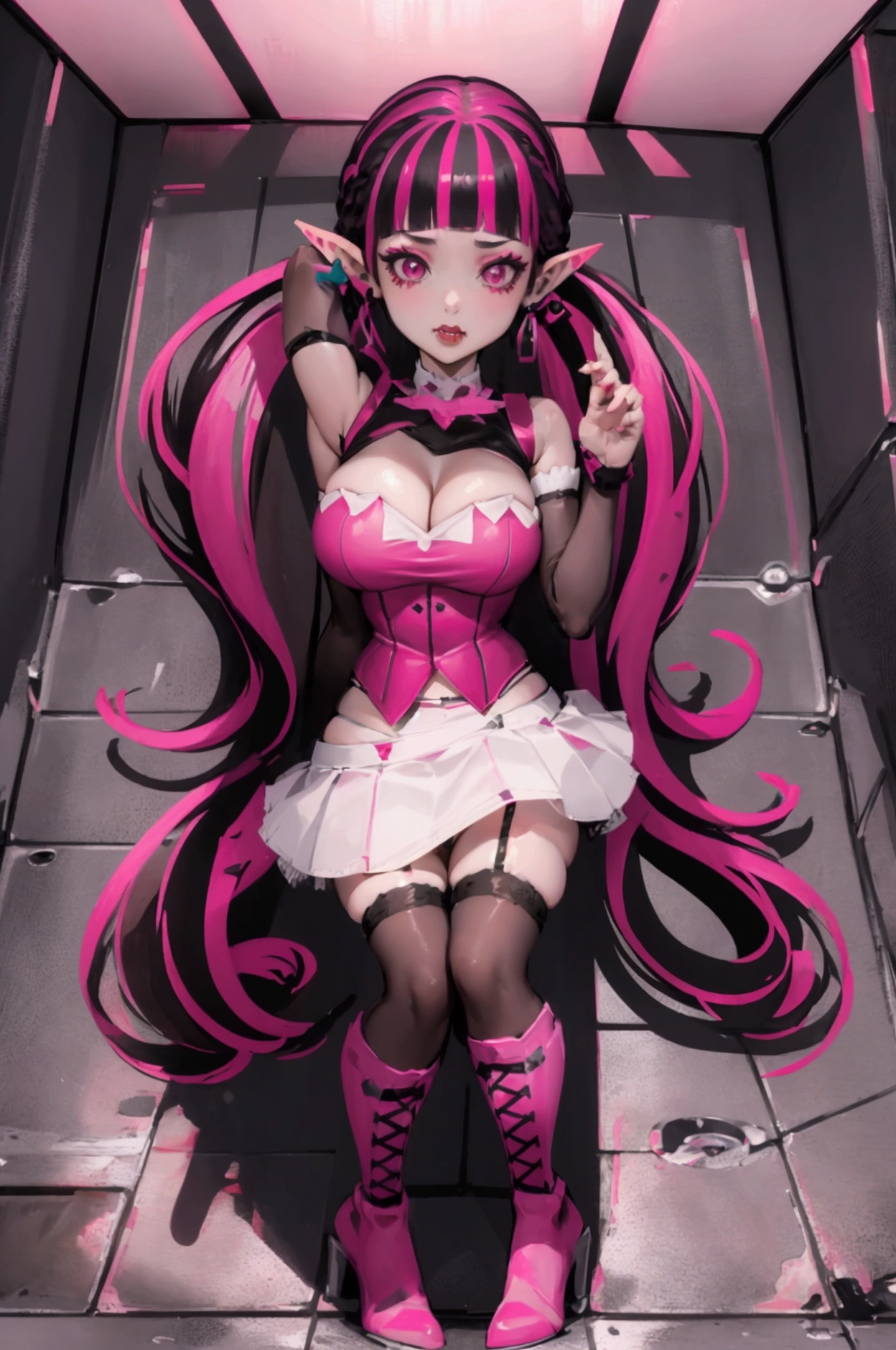 Draculaura_MH, solo, black hair, pink hair, multicolored hair, pointy ears, white skirt, pink knee boots, sexy lingerie, garter belt, thigh highs, big breasts, toes, foot focus, legs up