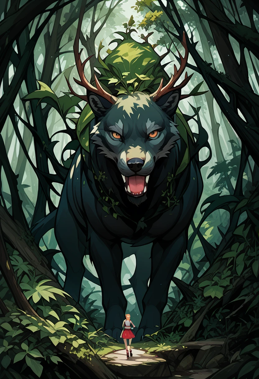 cover page, A girl and a wolf meet in the forest, flat Design, vector illustrations,