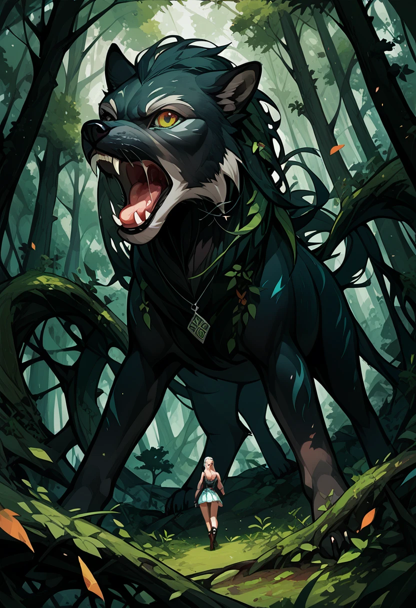 cover page, A girl and a wolf meet in the forest, flat Design, vector illustrations,