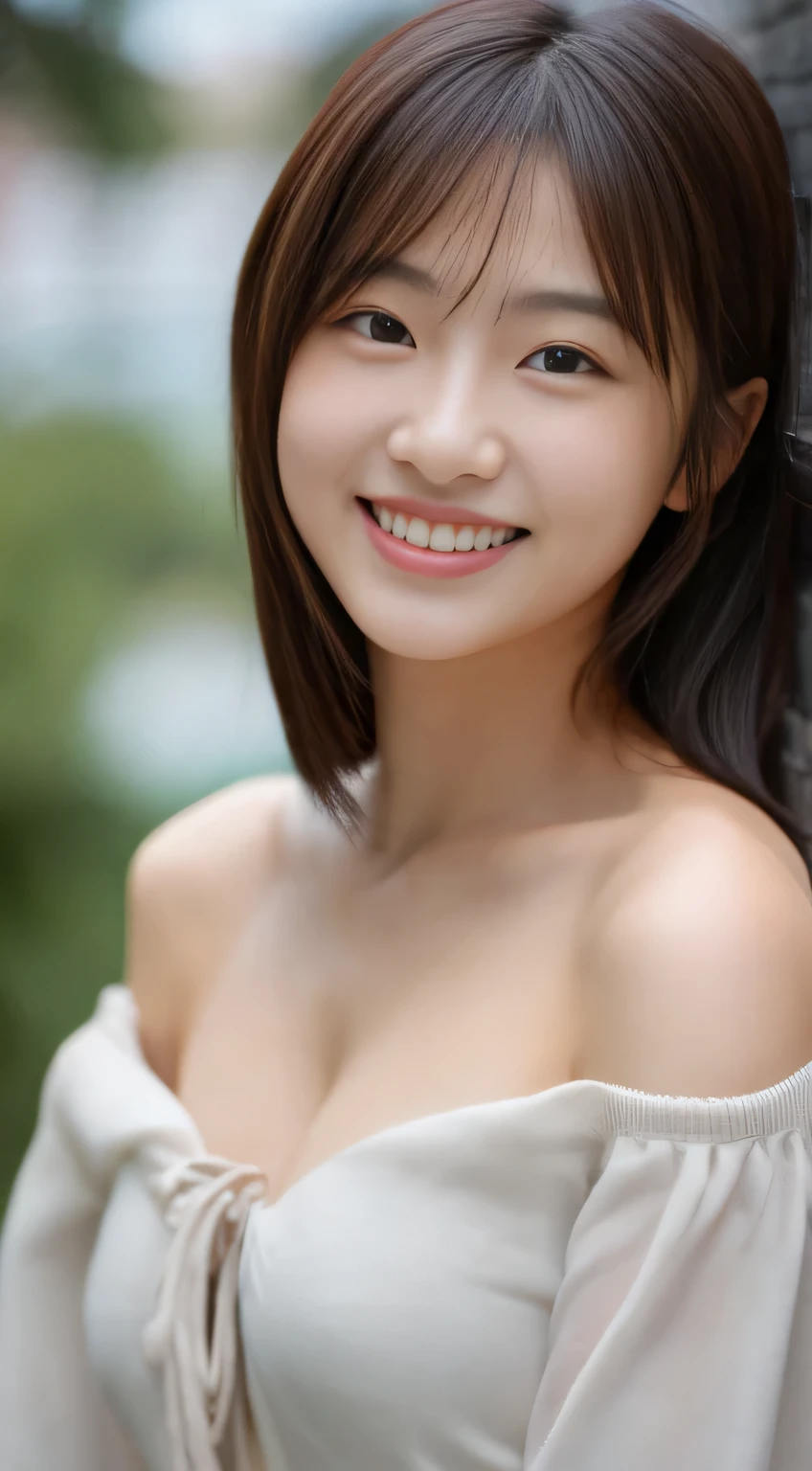 masterpiece,best quality,(Japanese girl),((Beautiful girl)),,(off shoulder:1.2),(perfect body beauty:1.2),(shy smile),beautiful teeth,From slightly above