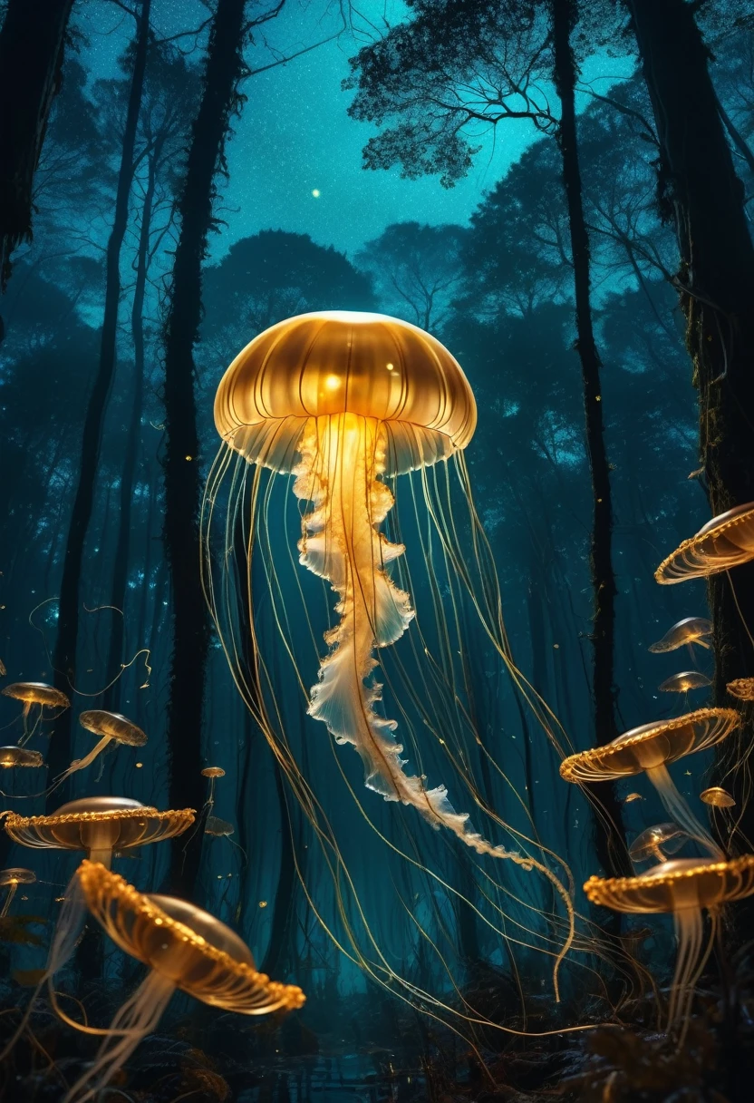 Jellyfish Flying in the Forest. At Dark Night. Bioluminescent. Gildings. Sparkling Eyes. Gold particles. Chaotic lines. Fantasy Madness. Nature Overload. Chaotic Outlines. Other world magic, (Bioluminescence:1.2)