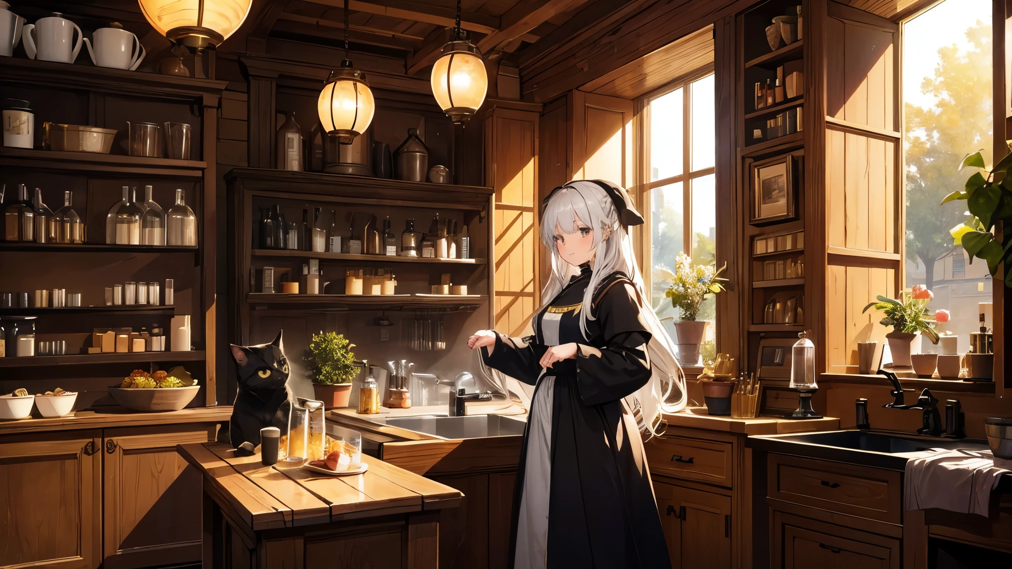 A girl working in a medieval European-style general store . She is standing at the counter of the store, and a black cat is sleeping on the counter. She has long silver hair and a smile like the sun. The store is lined with antique furniture and decorative plants, with light streaming in through the windows.