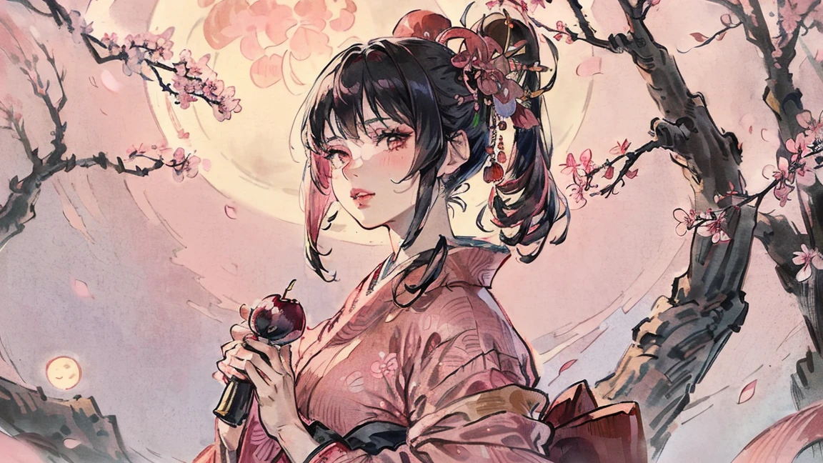 (((beautiful girl))), (((red cheek))),(((Pixie Cut))) ,(((Chuckle-Smile))),(((shoot from below))),(((Gazing Skyward))), (((Close-up))),((((upturned eyes :1.2))),(((night))),(Lips are red:1.5), (((Cherry tree))),(((Cherry tree in full bloom))),(((Watching the cherry blossoms))), (((Watching the cherry blossoms))),(((Watching the cherry blossoms))), (((Watching the cherry blossoms))), (((Watching the cherry blossoms))),(((Watching the cherry blossoms))),20-year-old, Watercolor, masterpiece, Highest quality, Very delicate and beautiful girl,Very delicate and beautiful, world masterpiece theater, Super detailed, Very detailedな, Highest quality,(((Pink flashy kimono)))。(((Pink flashy kimono)))。(((Pink flashy kimono)))。(((Pink flashy kimono)))。 (((Black Hair))), (((Black Hair))), (((Black Hair))), (((Upper Body))), (((Upper Body))), (((Upper Body))), (((Upper Body))), (((Upper Body))), (((Upper Body))), High resolution, Very detailed,5 girls, Highest quality, figure, masterpiece, Highest quality, Accuracy, A woman in her twenties from the late Edo period, In the style of old Japanese paintings with low saturation、The women look like modern anime characters..、She has a bit of Kabuki makeup on..。Strong 2D feel。night。background, たくさんの花びらが散っている大きなCherry tree, (((Huge full moon))),(((Huge full moon))),(((Huge full moon))),(((Huge full moon)))