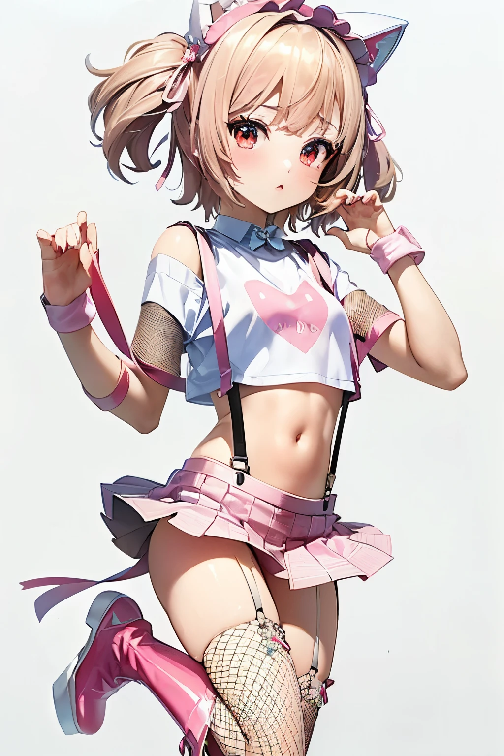One girl, Blushing, Full body shot,
BREAK (pink and white theme:1.4), (headdress with pink fake cat ears:1.4), (wear a pink suspenders over an off-shoulder short-sleeve white crop top:1.4), (pink heart(symbol) print on crop top:1.3), ((stomach, navel):1.2), (low-rise pink latex (A-line:1.2) tiered skirt with suspenders:1.3), (pink tiered mini skirt with pink suspenders:1.3), (pink wristband:1.3), (has a beautiful mesh fishnet tights:1.3), (countless small pink ribbon decorations:1.3), (white latex platform boots:1.2),
White background,