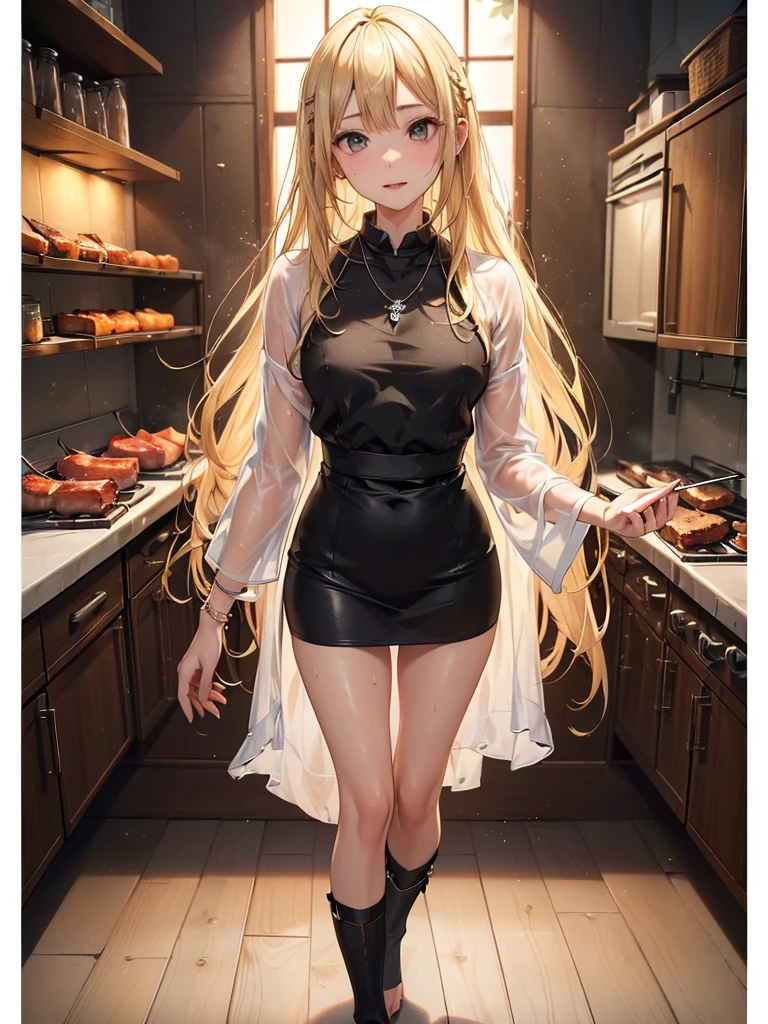 ((Biologically correct limb count)),(( From head to toe,Full-body photo including face)),4K,((Standing position)),masterpiece,((Focus on the face)),((Symmetrical facial features)),Eyes with detailed description,Beautiful woman,Great style,Beautiful arms,Beautiful legs,Beautiful Hands,(Small Ass,Thin thighs,Black Stockings),Detailed depiction of the face,necklace,(White dress,((evening,Barbecue appearance)),((Blonde)),Focus on the face,Gripping a kitchen knife,Sweat makes clothes transparent,