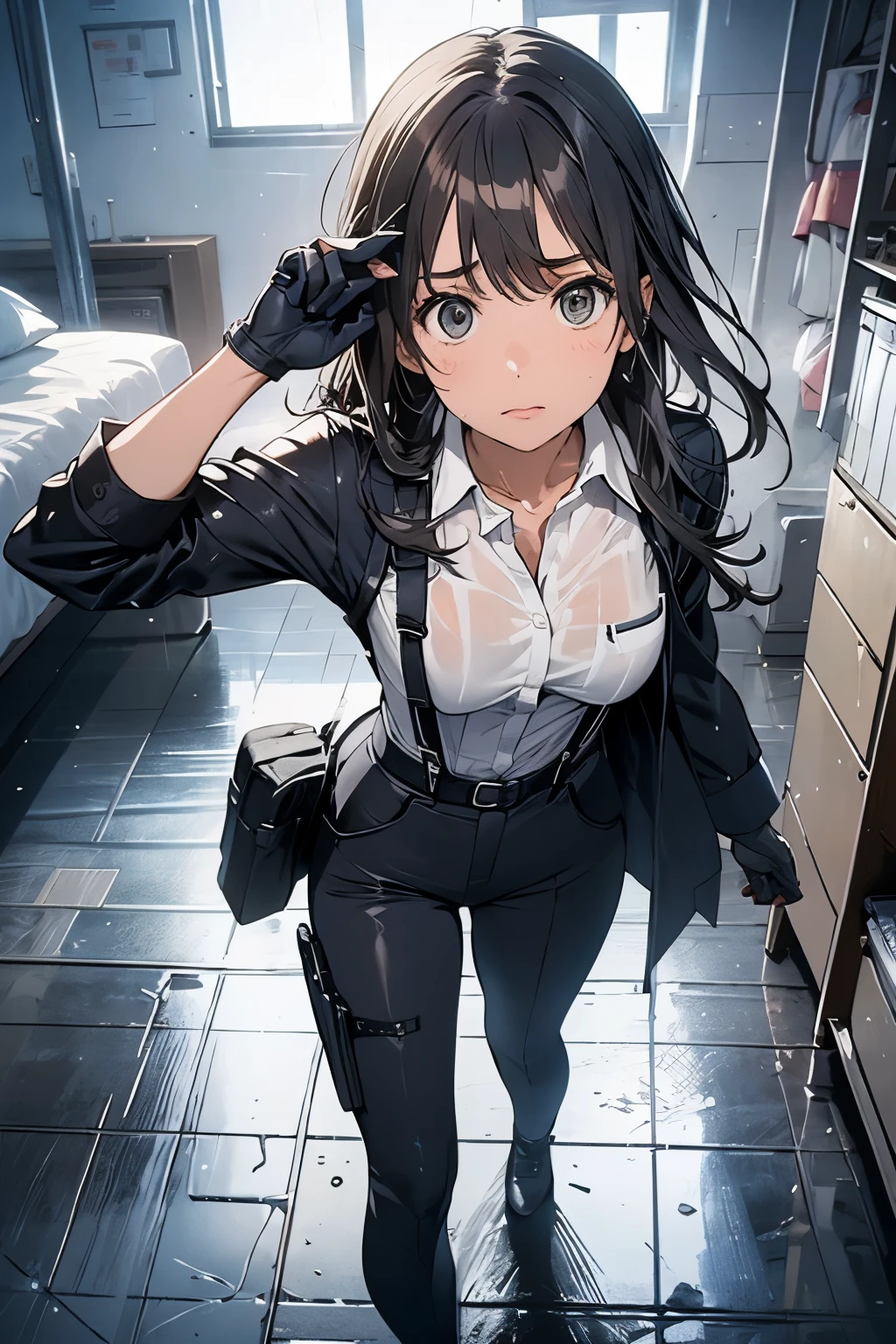 1 female, , high quality, masterpiece, Ultra-high resolution, , Cinema Lighting, , , And the suspenders with the cranes flying Large Breasts Small face holster Lying in bed Looking up Sweat belt summer 脇Sweat Black Hole Gloves suit shirt Black jacket Black trousers Leg Links ズボンにbelt holster Hands behind your back Anxious expression Looking up Anxious face, legs apart Armament Handgun handcuffs Cable ties レッグholster holster See-through clothing heavy rain Getting wet in the rain
