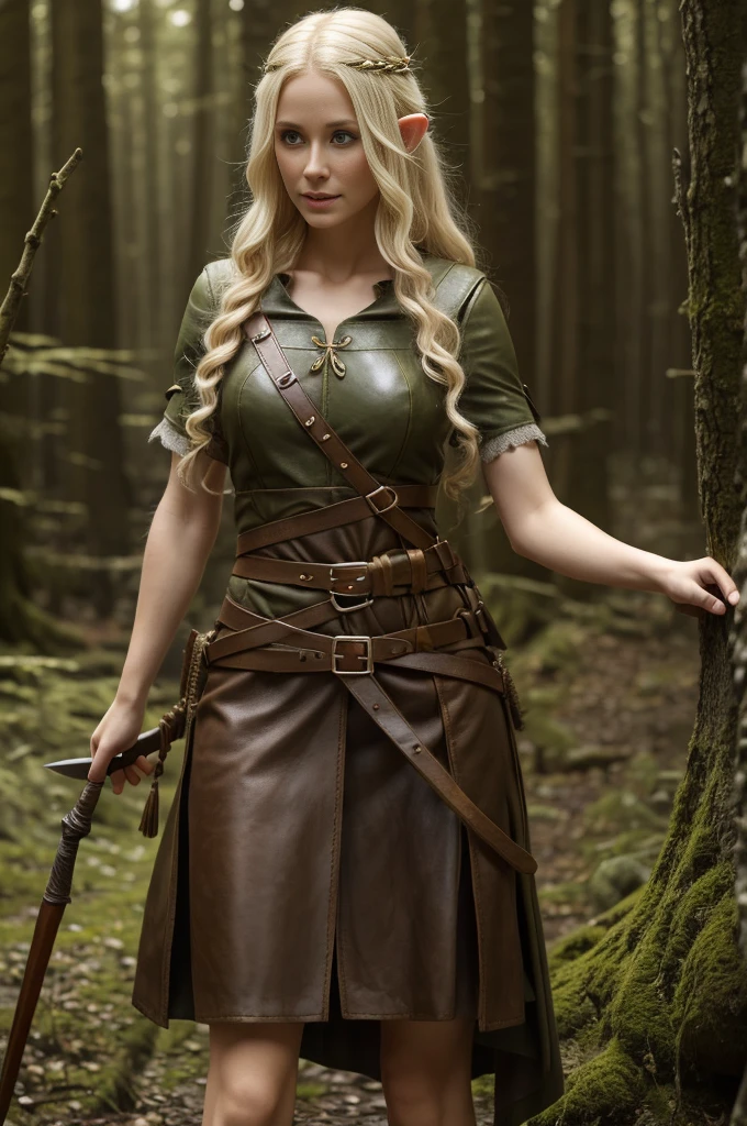 Russian girl 28 years old - elf archer in the forest (RPG),blonde curly disheveled hair, delicate features of a thin face, Fantasy,Tolkien,8K ,Reality, photo , Hi-Def, lifelike skin, , Without cosmetics, Knee-high photos, elfwhore, pussy, horny,Long ass elven ears (Tolkien), Incredibly fair skin, Short fabric skirt,Wide leather strap with sheath,in full height