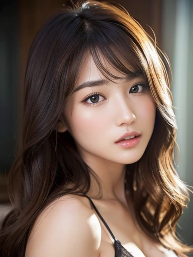(フォトRealistic、Masseter area、Highest quality、High resolution、RAW Photos)、whole body、No clothes、(Attractive body)、Realistic、Bright lighting、Face Light、Smooth and professional lighting、Beautiful girl、Beautiful woman、Beautiful Asian Woman、model、gravure、Natural Makeup、so beautiful、Realistic and beautiful skin、Plump thighs、Beautifully detailed、Detailed face、Large Breasts、valley、Wavy Hair、Brunette Hair、Dark brown eyes、Sexy Face、Looking into the camera、take a picture、Seductive pose、Top view、Sexy Lingerie、(Kissing look)