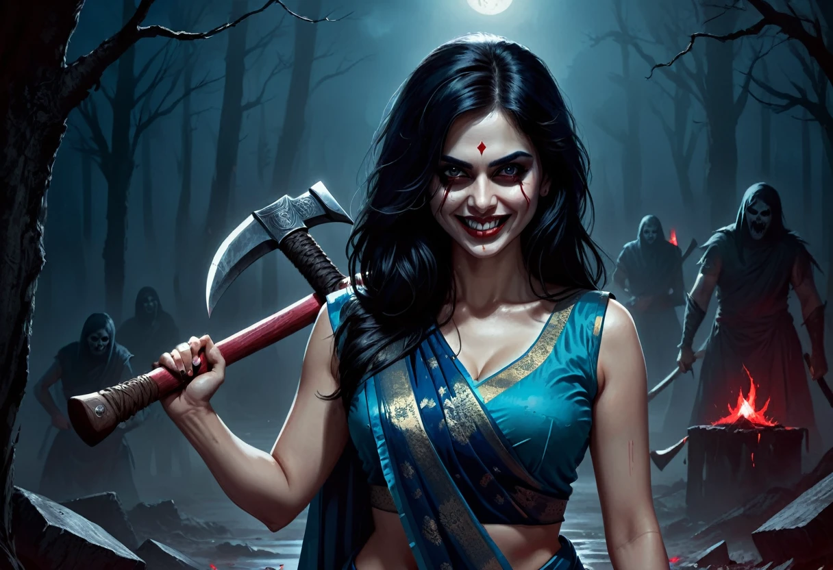 Digital illustration with a dark, eerie style. The layout features a central figure, a woman with long, disheveled black hair, towards the viewer., holding an axe in hand, Her skin is pale, and her eyes are glowing white, scary looks, cruel smile on face, blood on teeth, giving her a menacing appearance. She has a wide, sinister grin with sharp teeth. The woman is dressed in a blue sari (sleeveless) , dark atmosphere, scary bloody ambience