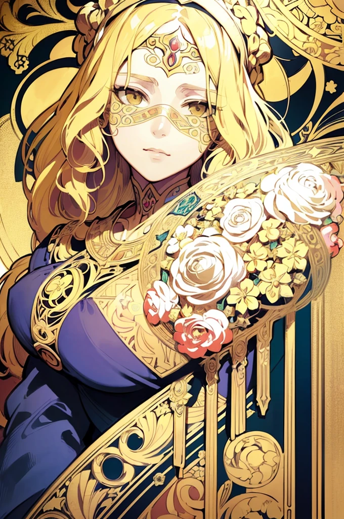 face portrait of a European female , long curly hair, blond, floral frame, Decorative panels, abstract
artistic, by Alphonse Mucha
(Masterpiece, Best Quality, Highres:1.4), Detailed, Intricate Details, 4K, color splashes, line art, fibonacci,