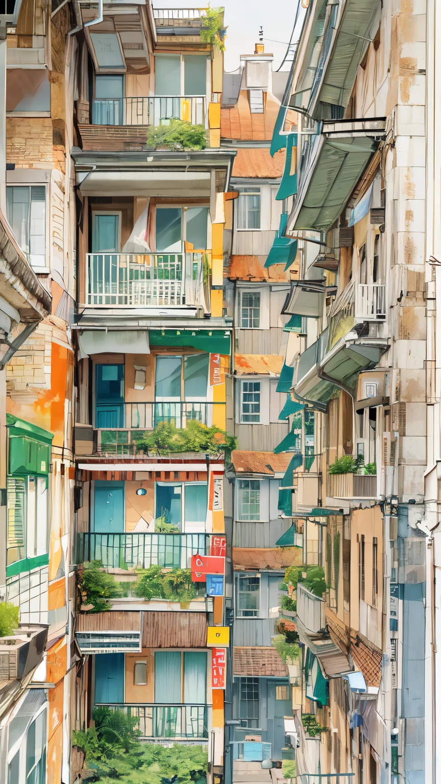 Architectural Marker Paint、80's、Kowloon City、Hongkong、Looking up from below、No humans、Watercolor