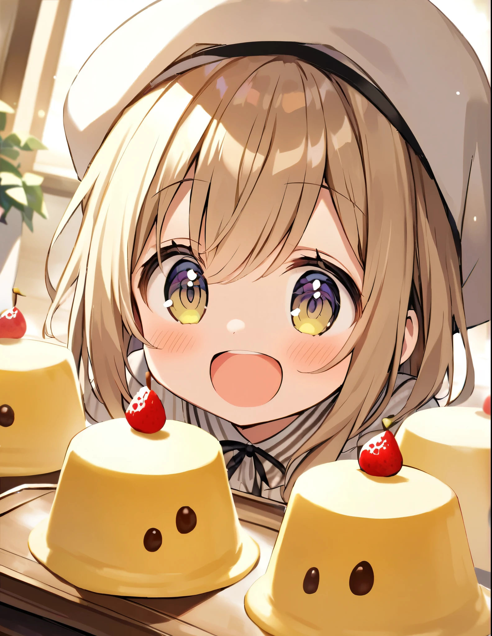 My eyes light up when I see the pudding.、girl、cute、:D、クローズアップ、テーブルに顎を乗せる