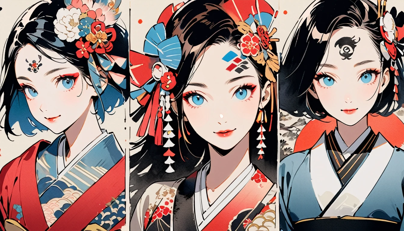 (((Ink Painting))), Fashion portrait color photos, (((1 girl))), (((Tattoo in the center of the forehead))), (((Very flashy hair accessories))), (((Very flashy makeup))), Japanese style headphones, face close-up, Japan人の美少女, Black Hair, Delicate and precise, Modern ukiyo-e style,Japan, Japanese flag, Eye color: red and blue, smile, Raise your arms up