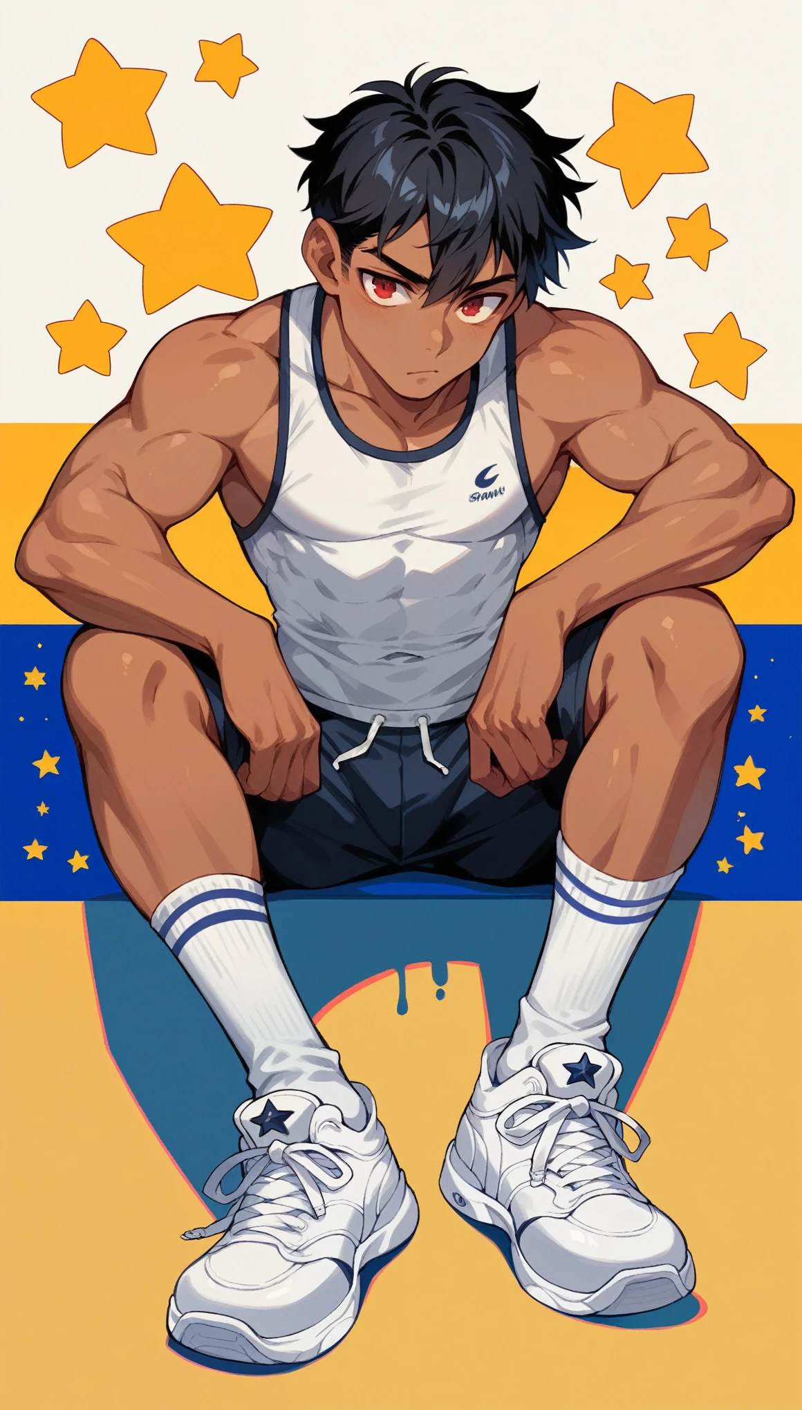 Handsome boy,Black Hair,Tanned skin,Sportswear,Slim body,sit,He has a pair of warm red eyes,Stars background,White socks,White sneakers,Vision