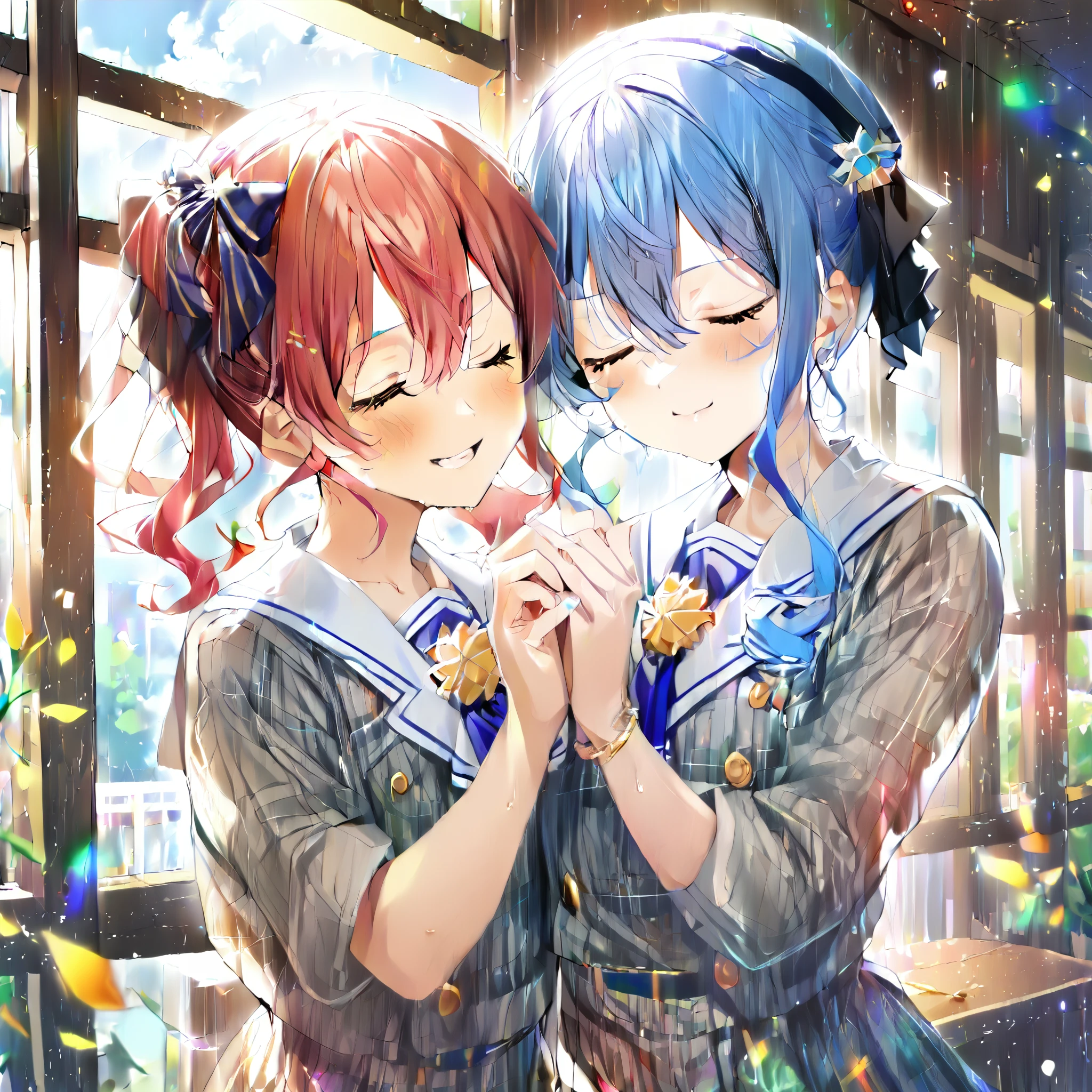 (((2girls:1.5))), together, two people, masterpiece, best quality,, extremely delicate and beautiful, meticulous details, good composition, closed_eyes, cute face, perfect face, perfect hands, fingernails, sakura miko, SakuraMiko, HoshimachiSuisei, hoshimachi suisei, sunlight, light blush, ((school)),, looking each other, smile, , (hugging each other),in_school,sunlight,kissing,happiness,(naked_girls:1.5),,sweat,bare,thighs,bare_torso,light up,open_mouth,High_quality_lighting,