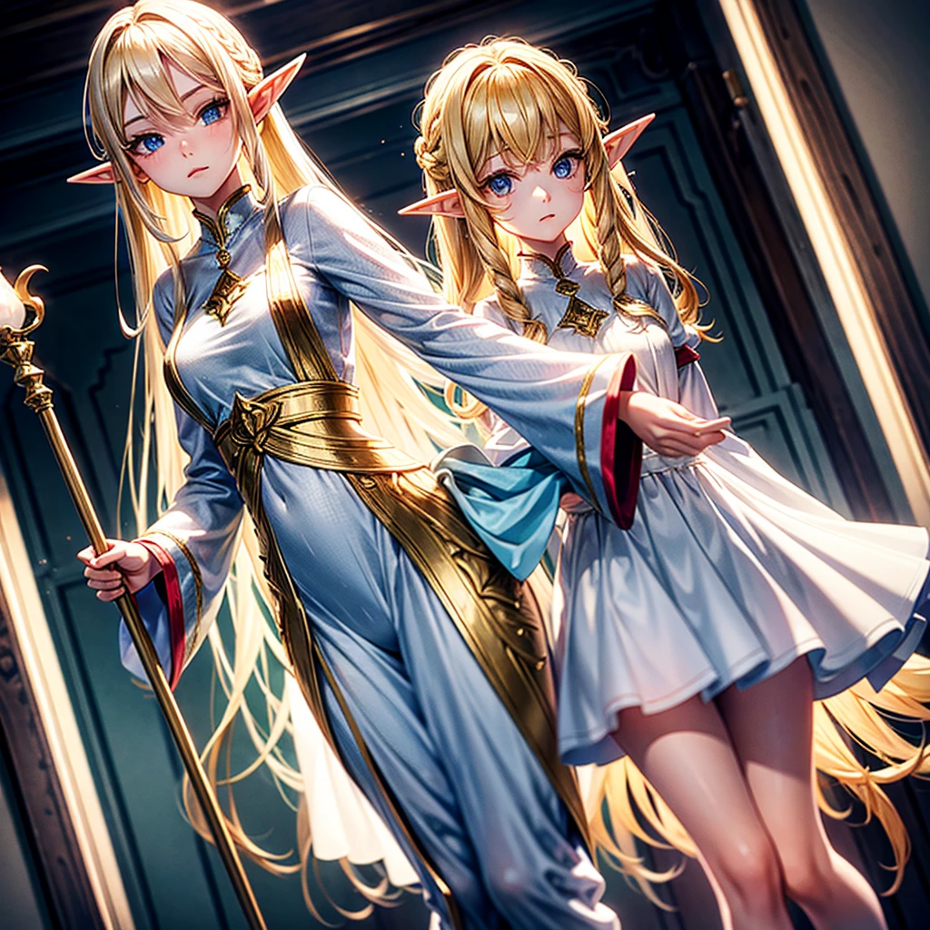 elf Girl holding a staff and standing as support Camera angle looking high. Wear pajamas Blond hair, expressionless face Long hairstyle that reaches the floor white dress clear thighs