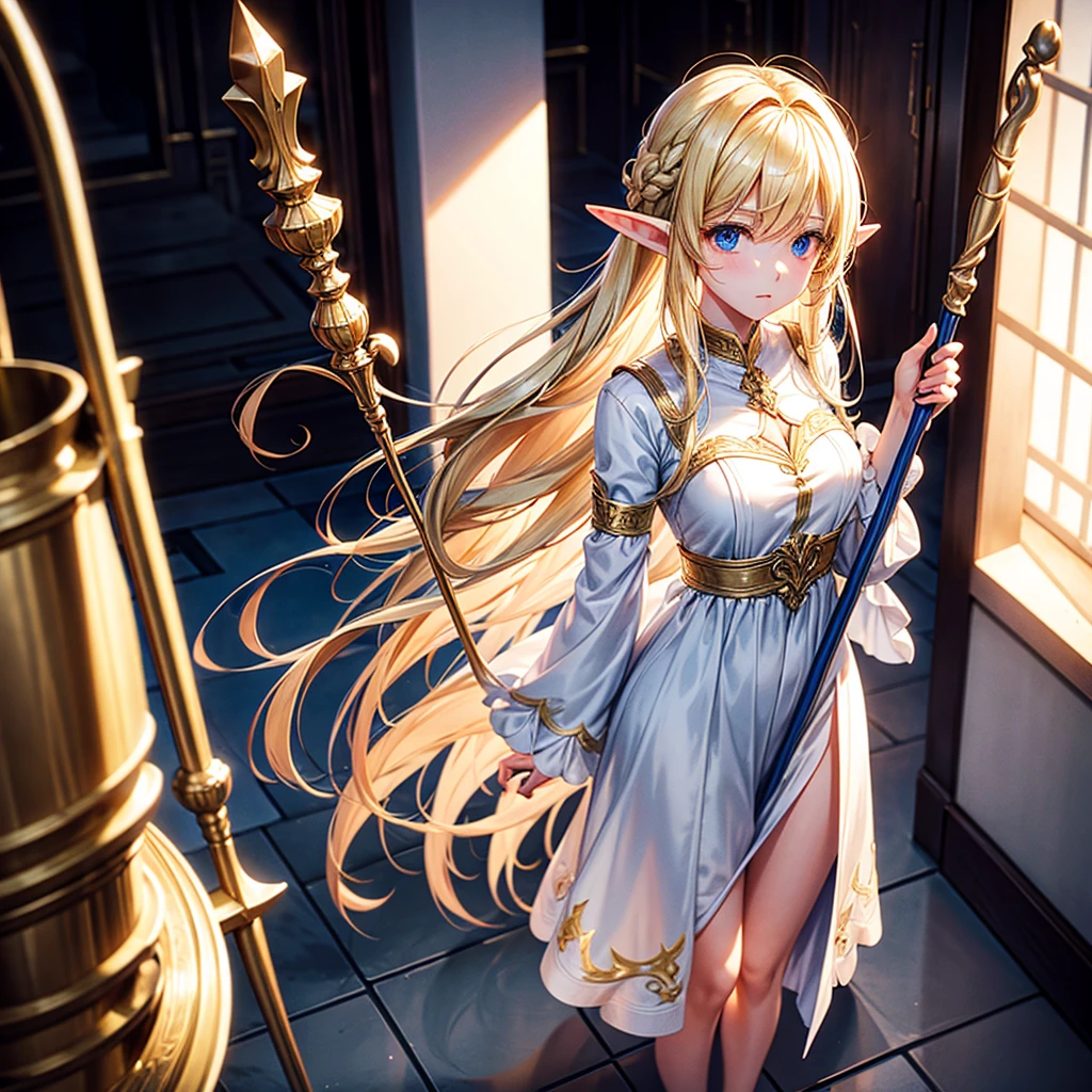 elf Girl holding a staff and standing as support Camera angle looking high. Wear pajamas Blond hair, expressionless face Long hairstyle that reaches the floor white dress clear thighs