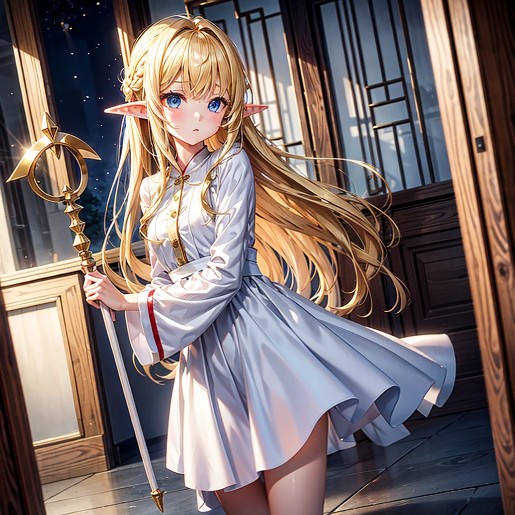 elf Girl holding a staff and standing as support Camera angle looking high. Wear pajamas Blond hair, expressionless face Long hairstyle that reaches the floor white dress clear thighs