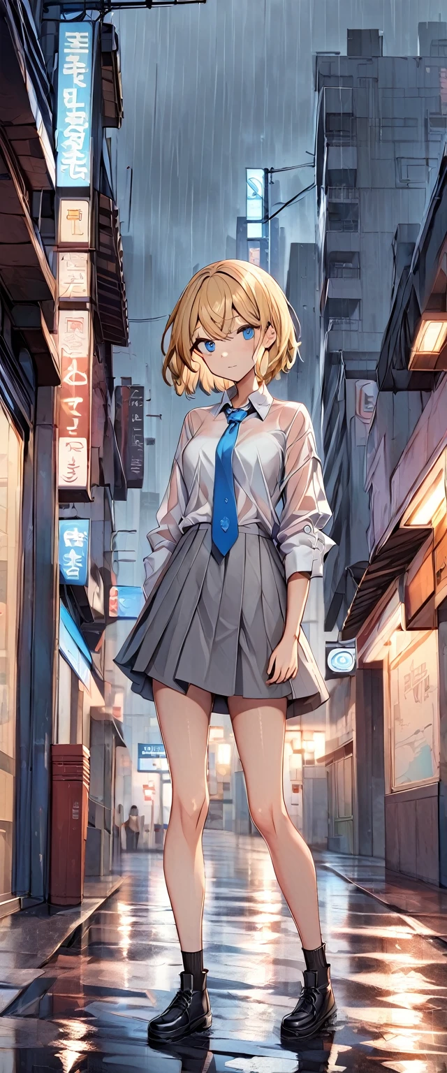 One girl, Blonde, short hair, blue eyes, White shirt, See-through, Rolling up your sleeves, Light blue tie, Grey Skirt, city, rain, Detailed Background