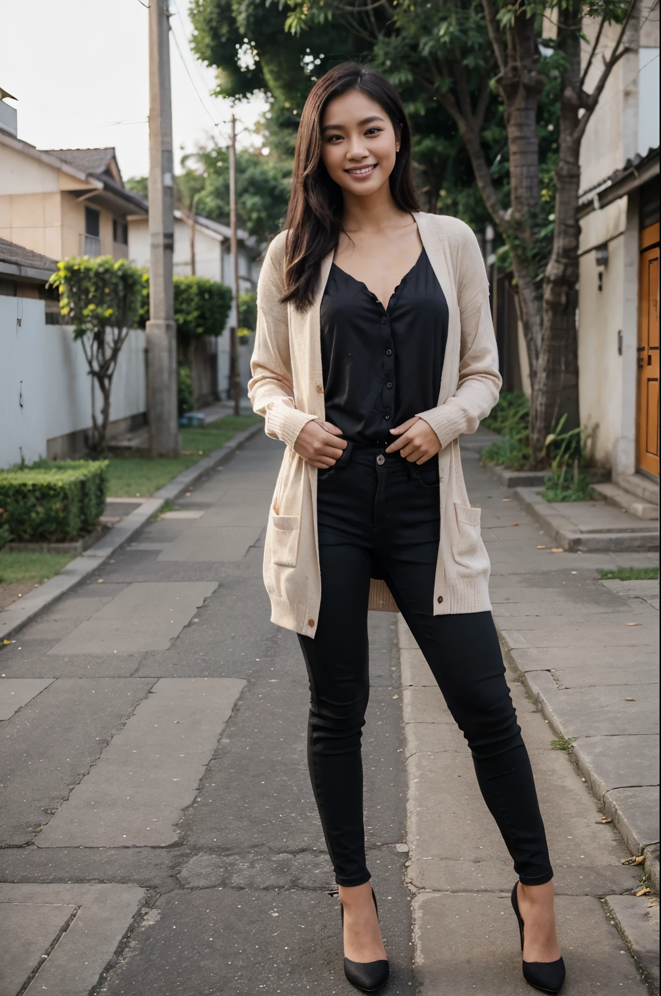 25 years old, a beautiful girl, an indonesian descent, an actress, outfit blouse, cardigan, black skinny jeans, with heels, smile, standing, beauty, photorealistic, street, likely, loveable, 8k, perspective