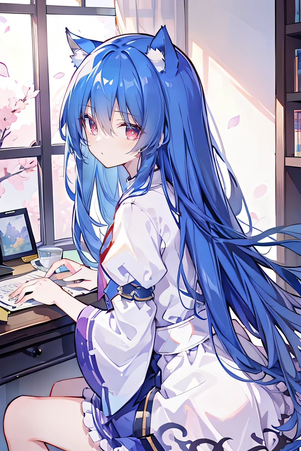 (masterpiece:1.2),Super detailed,lifelike,Expressive eyes,fair skin,perfect face shape,1 girl,
Japanese comics,Gorgeous blue hair,flowing blue hair,flowing clothes,Cat ears,Petals fall,beautiful lola,Baby Angel,
Shaking head with one hand,Cross your legs,,The pavilion is cool and comfortable,smile,back views,sunrise,Petals fall,sunrise,sitting on window sill drinking coffee and looking out the window。