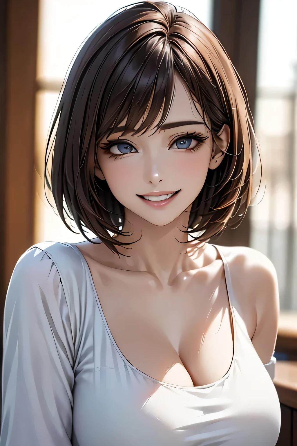 ((Realistic Light, Highest quality, 8k, Tabletop: 1.3)), 1 girl, Slim body beauty: 1.4, Brown Hair, (((Super big breasts: 1.3)), Off-the-shoulder cut top: 1.3, Highly detailed face, Beautiful Eyes, double eyelid, My Room, smile, Cleavage, Saggy breasts, (((beauty of Saggy breasts))