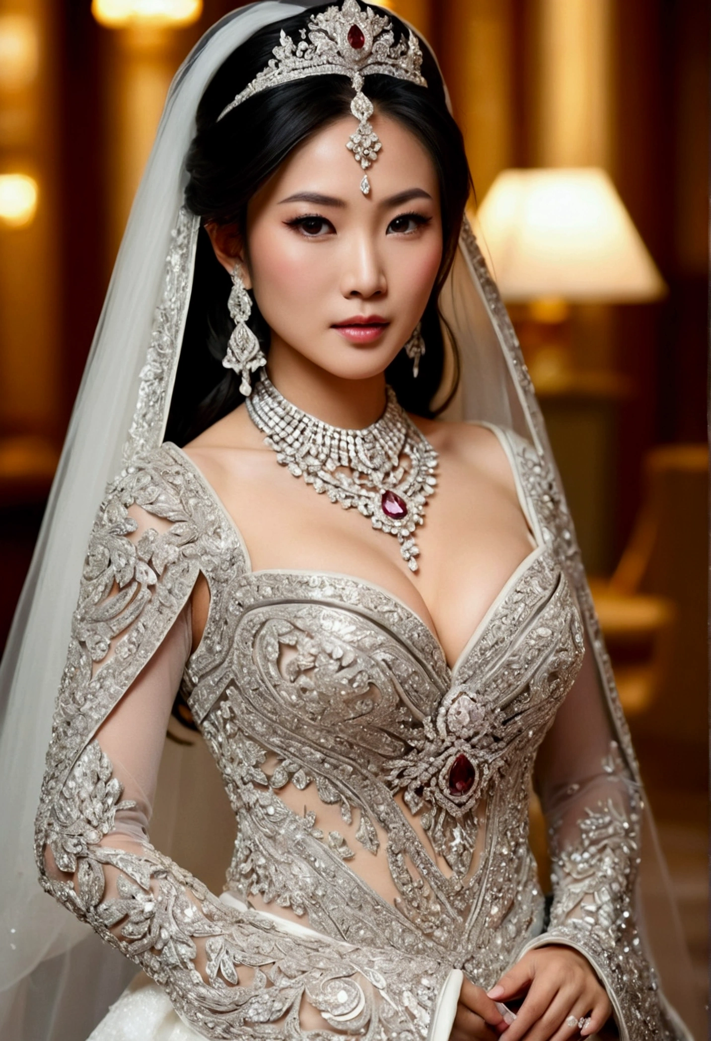 Diamond-encrusted wedding dress,Beautiful Asian princess, Dressed in the most beautiful royal gown, The dress is covered with jewels and diamonds, Her necklace is made of diamonds and gemstones, Her is clearly visible, Her breasts lly big.D cup, Breast burn,Vere skin,Shoot on the ground,((Full cleavage)),