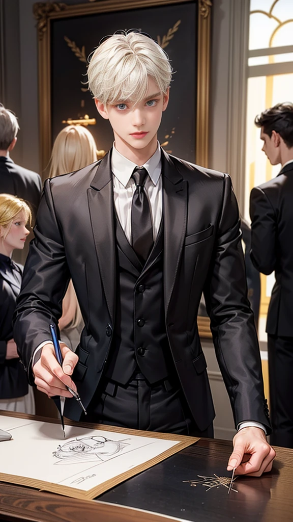 masterpiece, ((Cute boy is drawing clothes in the designer room)), (Three piece black suit), Accurate and beautiful body drawing, Looking at the audience, ((Accurate and beautiful eyes)), ((Accurate and beautiful facial depiction)), ((White shorthair)), Downward bangs, There are two wooden torsos in the room.,