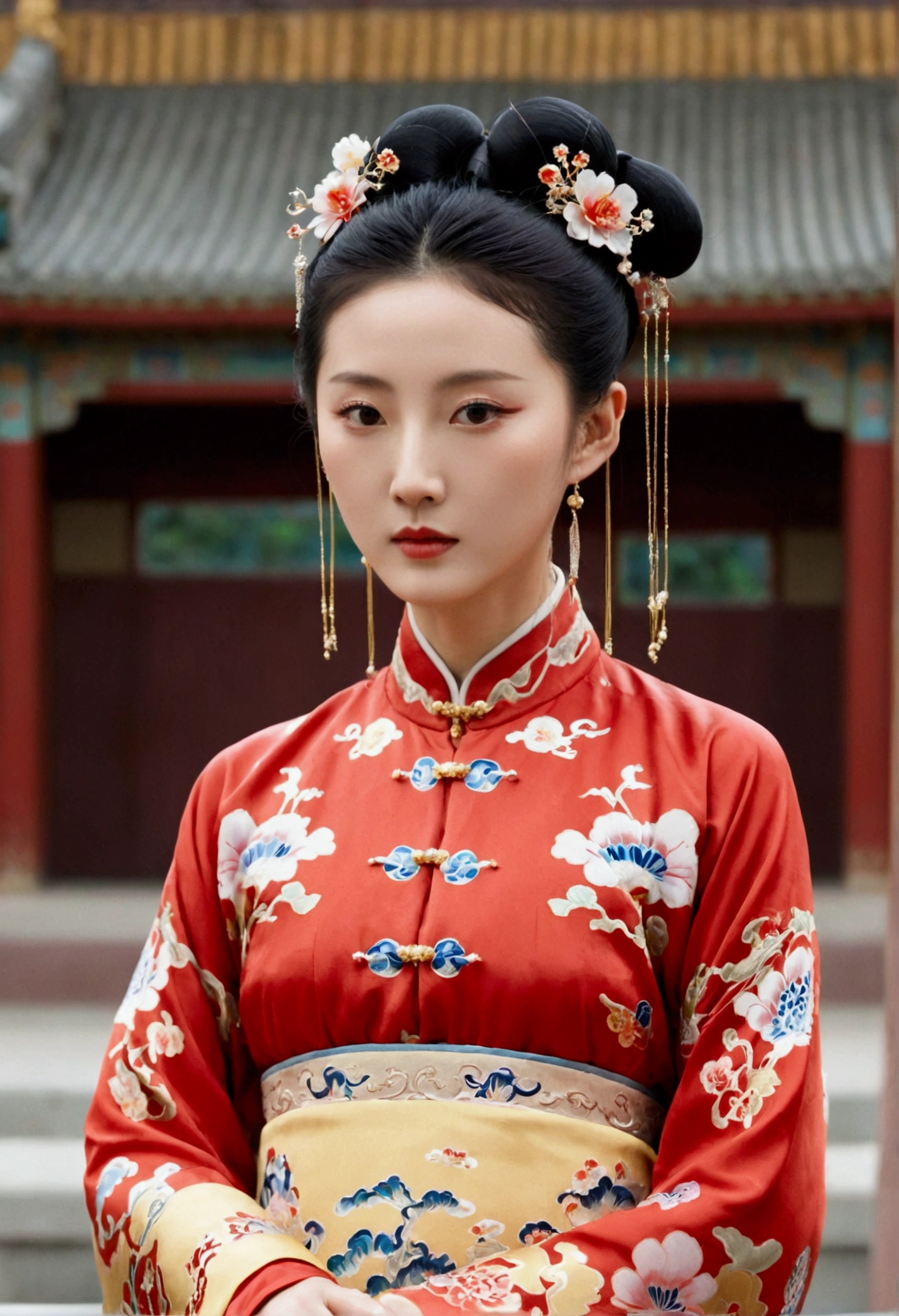 A woman seen from the front, standing facing forward, in the Chinese imperial court of the Qing dynasty, Empress of the Qing dynasty. The Chinese empress is wearing a red Manchu dress with a floral pattern and no crown, open at the front, showing her chest, stomach, thighs and feet. She is completely naked, showing her large breasts without underwear, and even her bare stomach. Her hair is tied up and pulled up, decorated with flashy large flowers and a hairpin, and the background is outside the Chinese imperial court of the Qing dynasty.