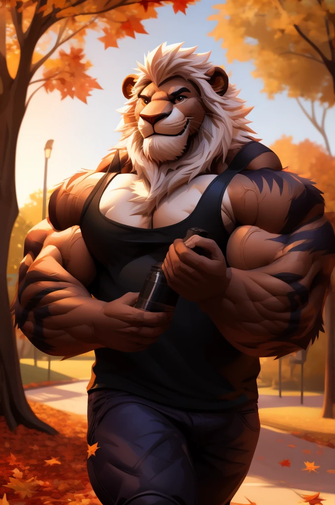 a muscular furry lion in park, tank top, happy, autumn, vector, mwvector, bokeh, smile, (masterpiece:1.2),(best quality,8k),huge and muscular,thick arms,short hair,white hair