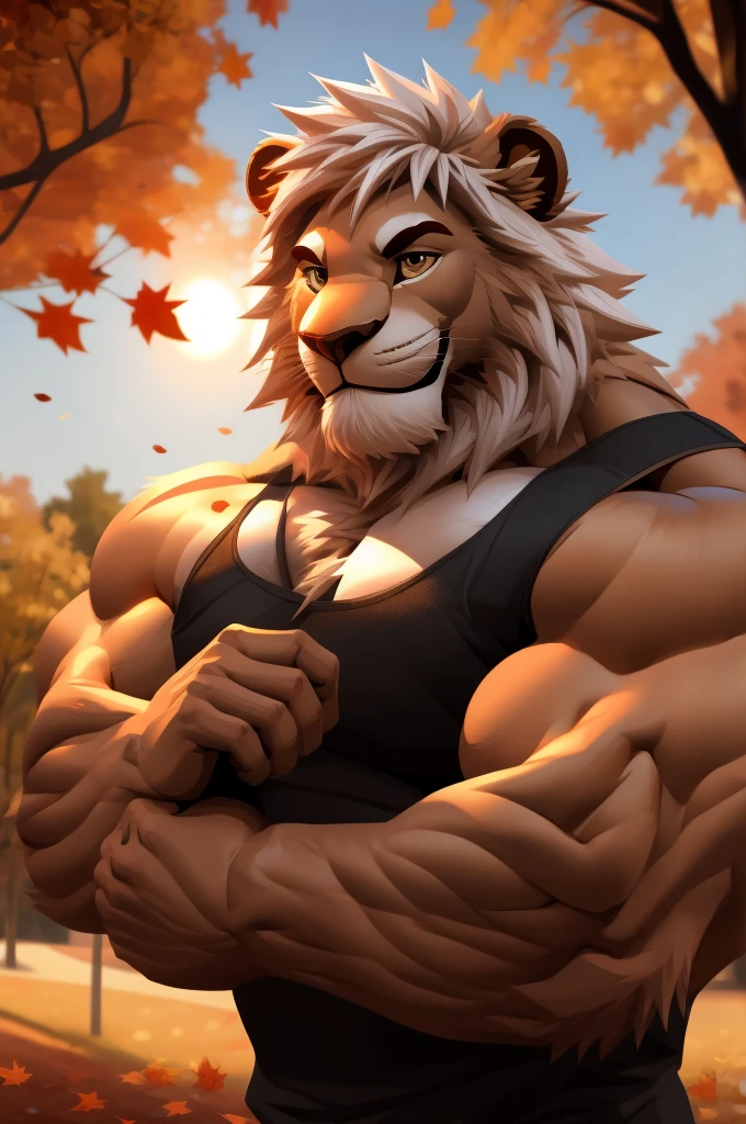 A Lion naked and wet body, blue eyes, NSFW:1.5, Huge penis, topless, Naked, Sexybody, muscular, anthropomorphic, extra detailed body, detailed body, Best quality, masterpiece, ultra high res,detailed background,realistic, real shadow and light,depth of field, (looking at viewer), details skin, fluffy, open mouth, bad boy, sweaty, Autumn, maple tree, maple leaves, Lion.