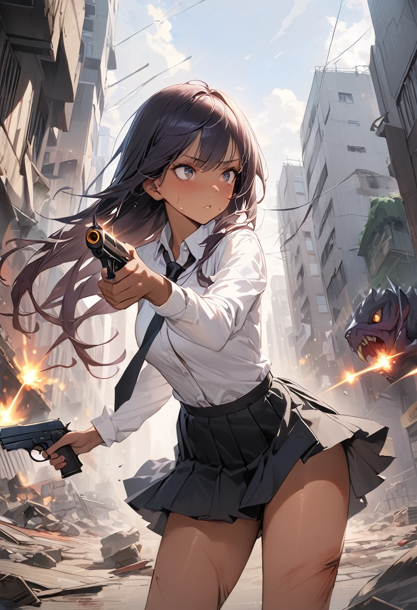 (Woman and monster fight scene),((masterpiece,Highest quality:1.3,best quality illustration)),realistic,cowboy shot,1woman,(22 year old beauty),((very small head:1.4)),ideal ratio body proportions,dark blue hair,straight long hair,bangs,black eyes,gorgeous big eyes,((tan skin,skinny,Injury)),(Torn clothing、Black tie、White collared shirt、Long sleeve、Black pleated mini skirt)),medium breasts,gleaming skin,slender body,sweat,(Detailed handgun,Firing stance),on street,(Multiple Monsters)、Collapsed Buildings、Tokyo、