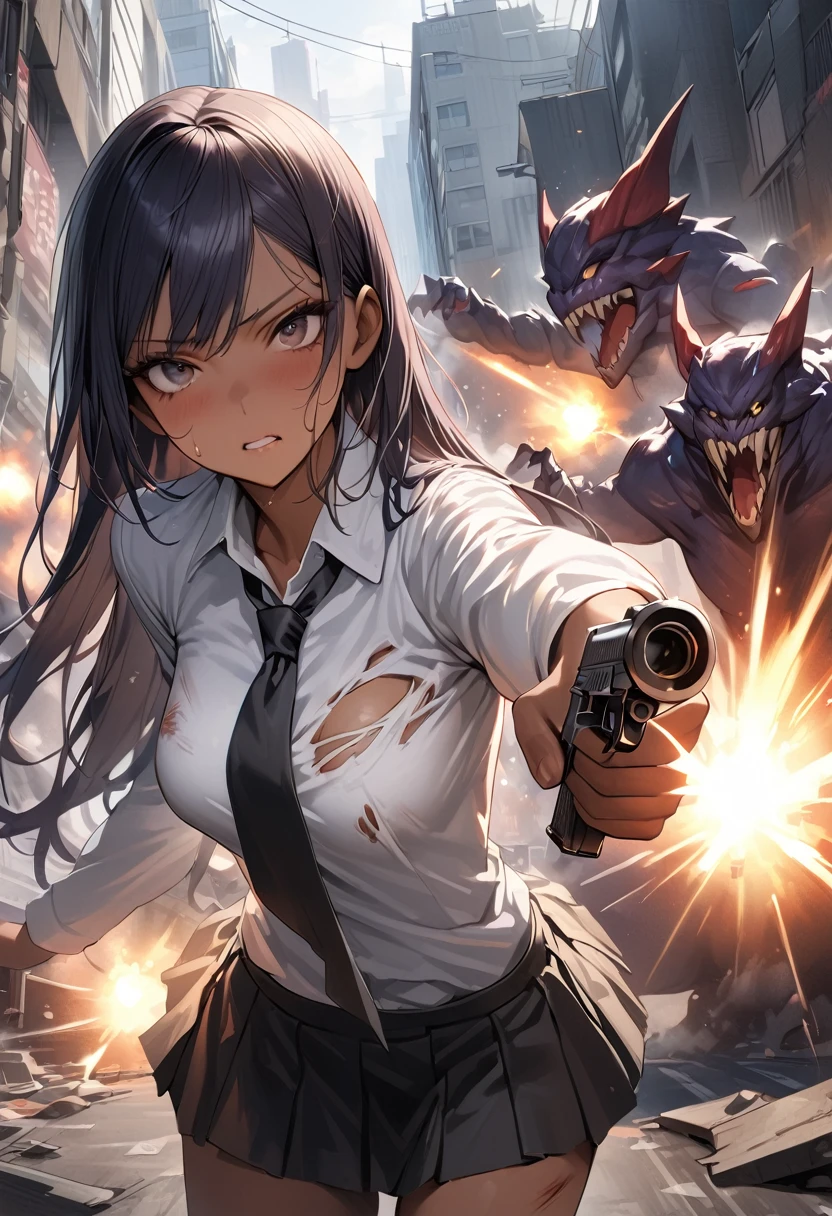 (Woman and monster fight scene),((masterpiece,Highest quality:1.3,best quality illustration)),realistic,cowboy shot,1woman,(22 year old beauty),((very small head:1.4)),ideal ratio body proportions,dark blue hair,straight long hair,bangs,black eyes,gorgeous big eyes,((tan skin,skinny,Injury)),(Torn clothing、Black tie、White collared shirt、Long sleeve、Black pleated mini skirt)),medium breasts,gleaming skin,slender body,sweat,(Detailed handgun,Firing stance),on street,(Multiple Monsters)、Collapsed Buildings、Tokyo、