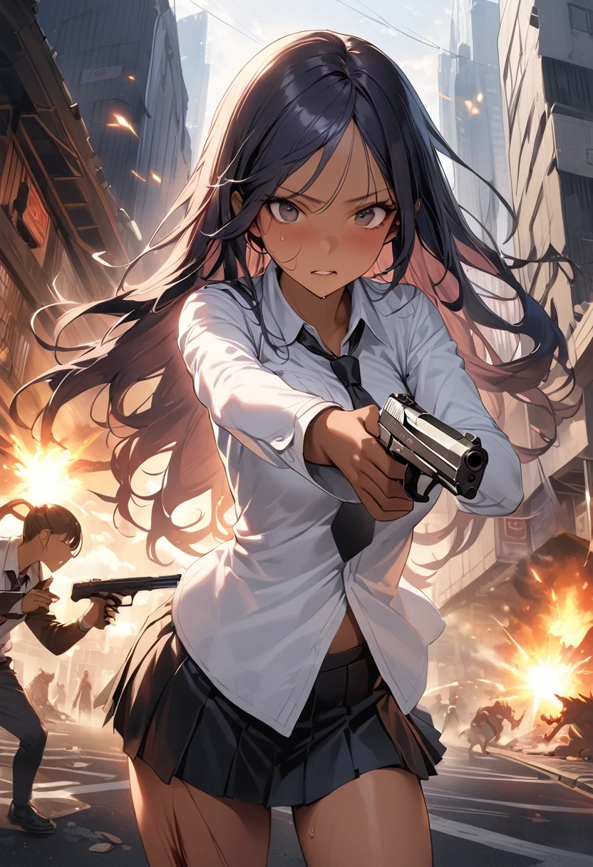 (Woman and monster fight scene),((masterpiece,Highest quality:1.3,best quality illustration)),realistic,cowboy shot,1woman,(22 year old beauty),((very small head:1.4)),ideal ratio body proportions,dark blue hair,straight long hair,bangs,black eyes,gorgeous big eyes,((tan skin,skinny,Injury)),(Torn clothing、Black tie、White collared shirt、Long sleeve、Black pleated mini skirt)),medium breasts,gleaming skin,slender body,sweat,(Detailed handgun,Firing stance),on street,(Multiple Monsters)、Collapsed Buildings、Tokyo、