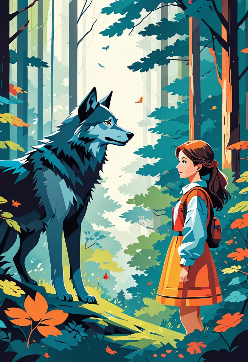 cover page, A girl and a wolf meet in the forest, flat Design,  vector illustrations,