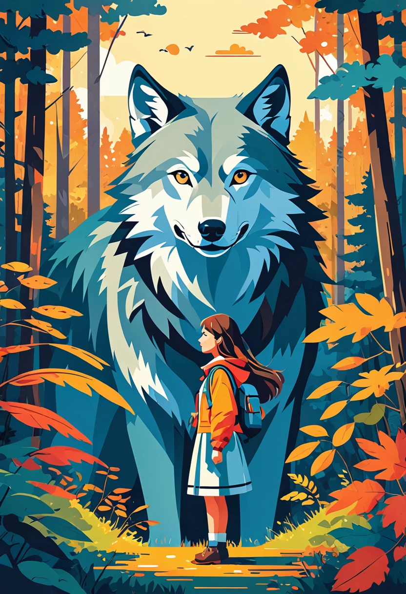 cover page, A girl and a wolf meet in the forest, flat Design,  vector illustrations,