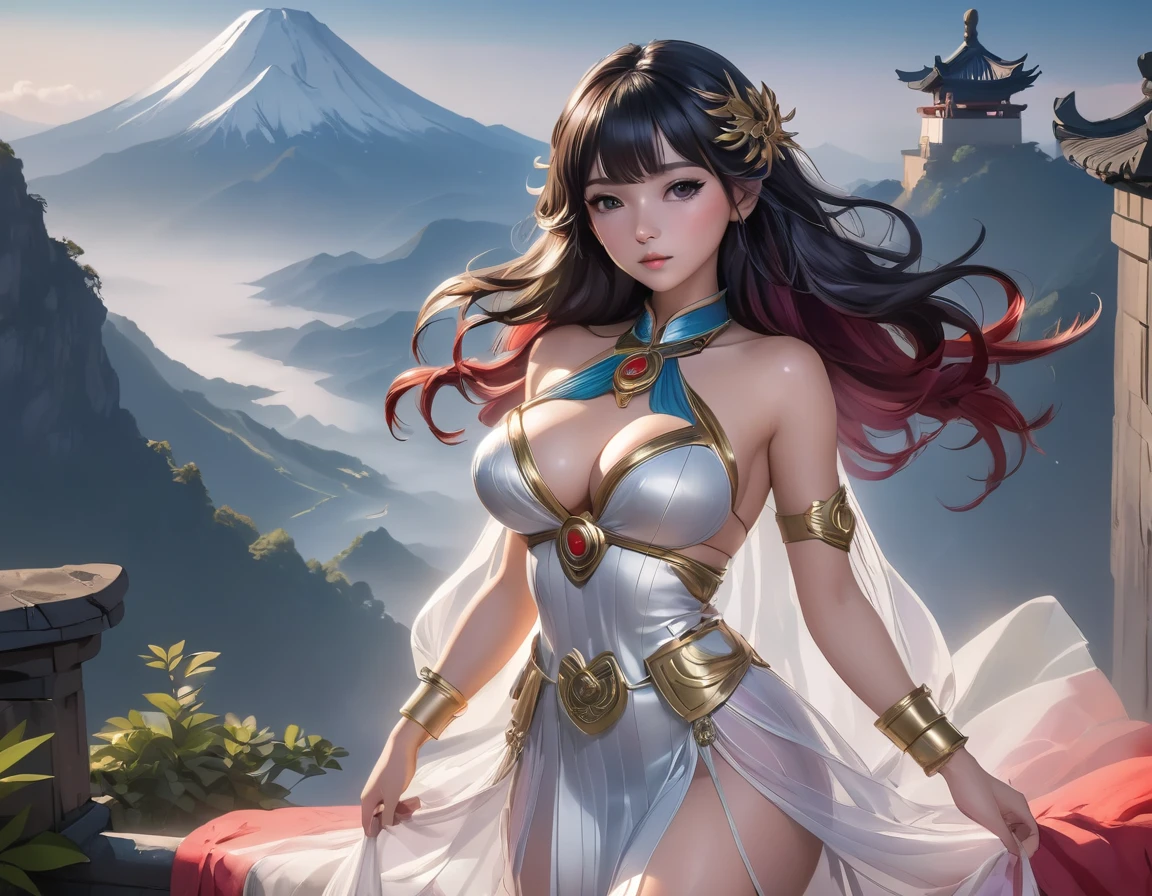high quality,HD,16K,Sharp Line,1 Girl,fantasy, (Spirit of the Wind),Pretty Face, Large Breasts, Beautiful legs,In the mountains,Focus Girl,detailed Pretty Face,Detailed clothes,beautiful eyes,Cool,Sexy,Dynamic Angle,穿着华服的神明Strike a pose拍照, Ancient mysterious sexy goddess, Traditional beauty woman, Beautiful female warrior god of war , Beautiful sexy goddess, Gorgeous role-playing, high, Beautiful young girl, Beautiful woman, 华丽Beautiful woman, Complex clothing,Chinese Mystical Aesthetics, Beautiful Asian ancient mysterious girl, Extremely detailed shot of the goddess, Jaw-dropping sexy beauty, Big breasts deep neckline sexy belly button(butt), (bedroom), (Sexy Girls), masterpiece, best quality, Bangs, blush, Chest, clavicle, Eyebrows visible through hair, (Gradient red and gold hair), Jewelry, Long hair,Bright Eyes, ring, (solitary), illustration, fashionable, miss, Strike a pose, background, element, confident, Express, Accessories, majestic, striking, key point, Dynamic poses, ((plump)), (black))Woman in transparent dress,Viewer,(((Full breasts, Keeley University))),Slim waist,(Navel exposed,Bare waist), Long hair, extreme detailed details, 详细的fantasy艺术, Stunning character art, Beautiful and exquisite character art, Beautiful transparent dress, Very detailed, Large Breasts,Chest,Golden ratio figure,Beautiful figure,Ultra wide-angle shooting,Full body shot拍摄,Body close-up,Full body shot,Wearing a pleated tulle skirt,柔和动漫illustration, 柔和的深色background,Fujifilm XT3 Clear focus, f 5.6, High Detail, Clear focus,(Wearing openwork clothing),, (Natural light), (Tempting)translucent, Good velvet quality, Compared, Divine Light,, Silver hair, 天空background, Absolute Strength,Female Shinmei,穿着性感丝绸的Female Shinmei,,Large Breasts,Chest,Golden ratio figure,Beautiful figure,Ultra wide-angle shooting,Full body shot,Body close-up,Full body shot, Wearing a tulle dress, Model shooting style, Large Breasts,饱满Chest,Golden ratio figure,Beautiful figure,(Extremely detailed CG 8k wallpaper unit), The most beautiful artistic photos in the world, , 8K 超HD, ) on the beach,Sexy lazy posture,Sexy seductive expression,best quality,masterpiece,Ultra-high resolution,(Practical:1.4),original photo,Ultra-high resolution