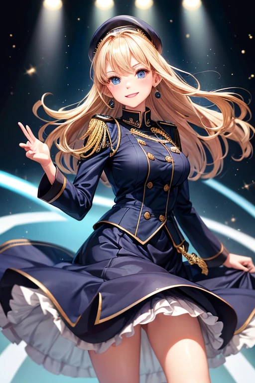 One adult woman,Looking this way and smiling,Beauty,blush,Navy blue military uniform ta,Long Skirt,straight,long,Blonde,Blue Eyes,Big earrings,I'm waving over here,Singing passionately,Sweat,Spotlight,Looking this way,front