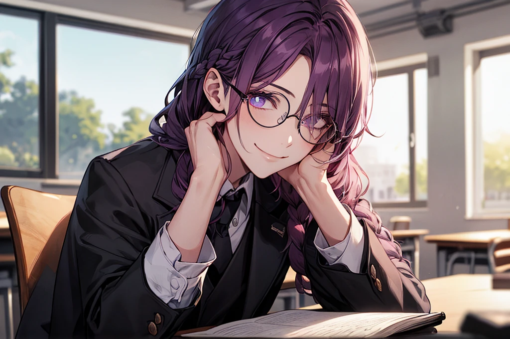 men's,single braid hair,violet colored hair,(Eye 1:2,Clear eyes,Elaborate Eyes,Delicate pupils,Good eyes,eye detailed),Face Focus,Adult,In black suit,best qualtiy,facial detailing,Classroom,sit on desk,sitting in the couch,lazy,Detailed background,diffuse sunlight,depth of fields,Studying Smiling at your desk, violet eyes,black gloves, round glasses, long sleeves,violet hair, smile,