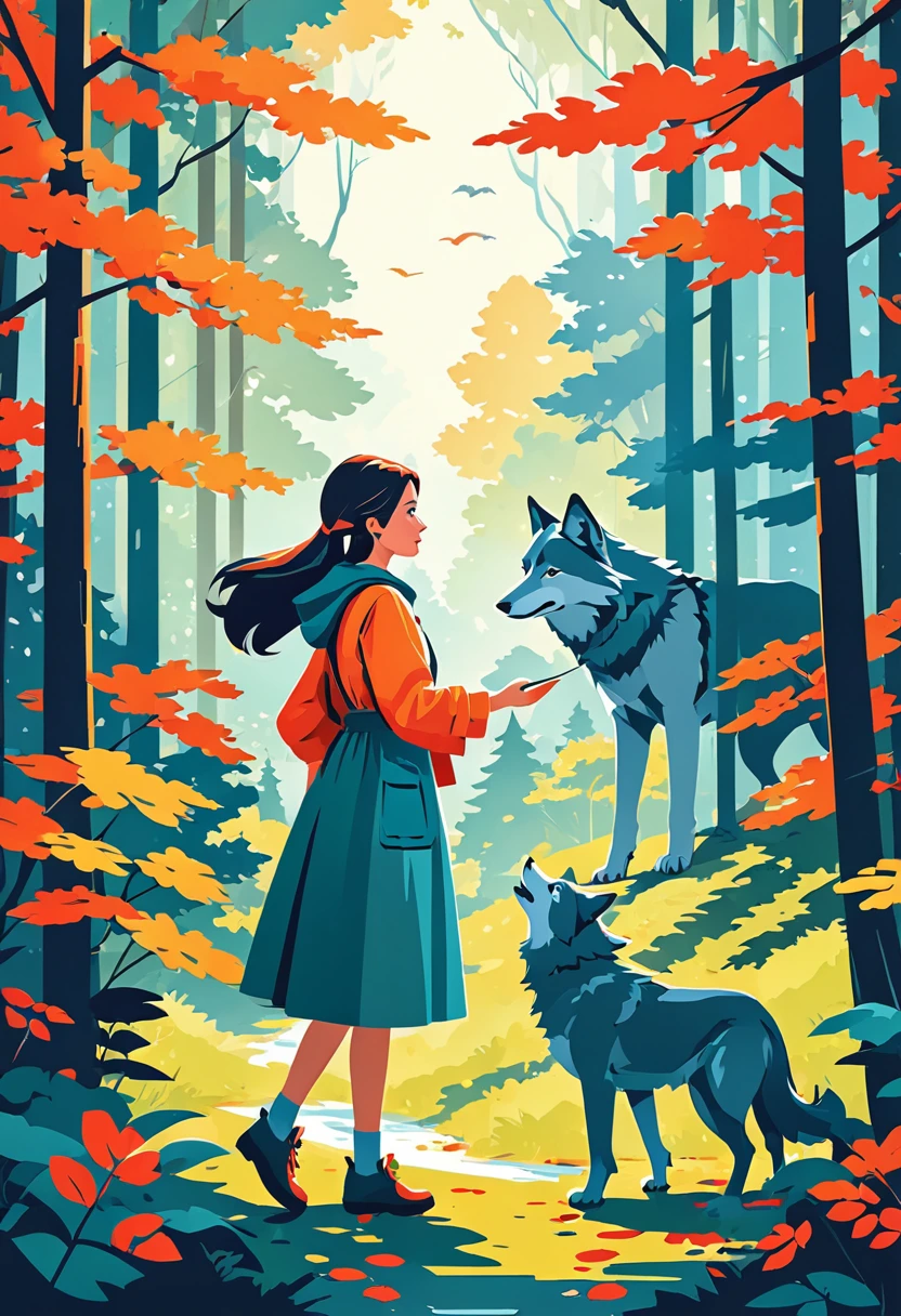 cover page, A girl and a wolf meet in the forest, flat Design,  vector illustrations,