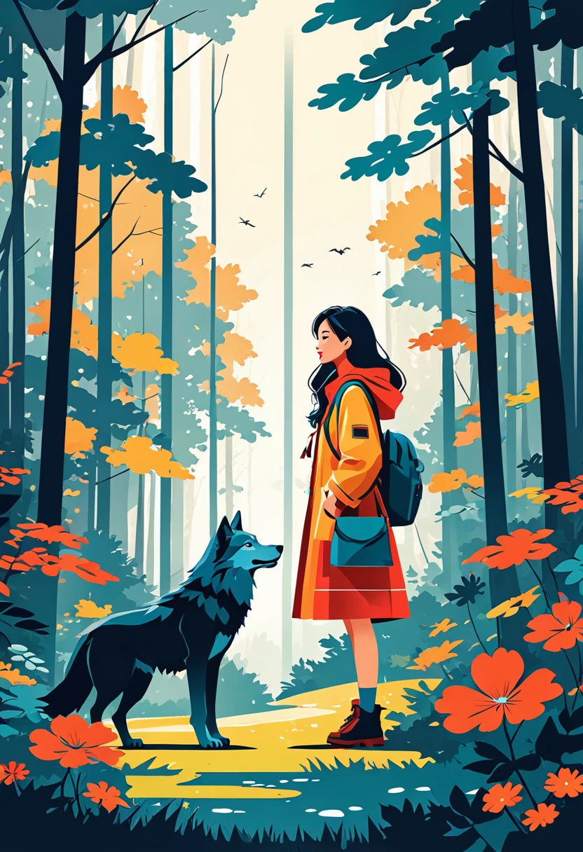 cover page, A girl and a wolf meet in the forest, flat Design,  vector illustrations,