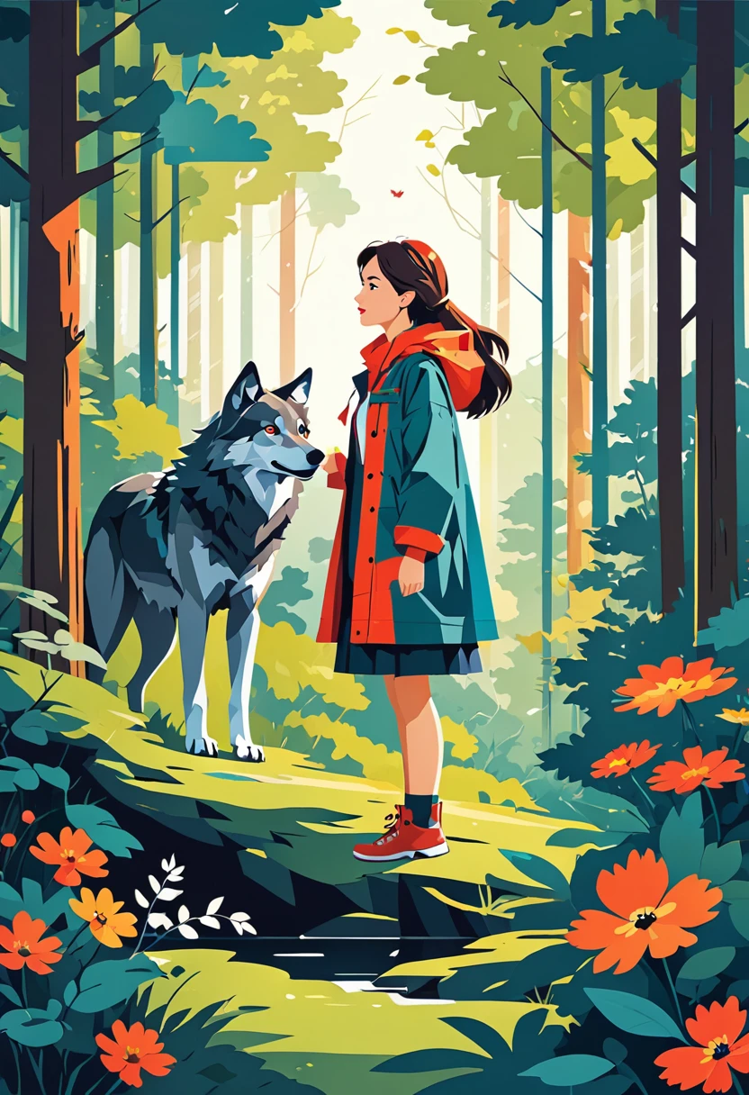 cover page, A girl and a wolf meet in the forest, flat Design,  vector illustrations,