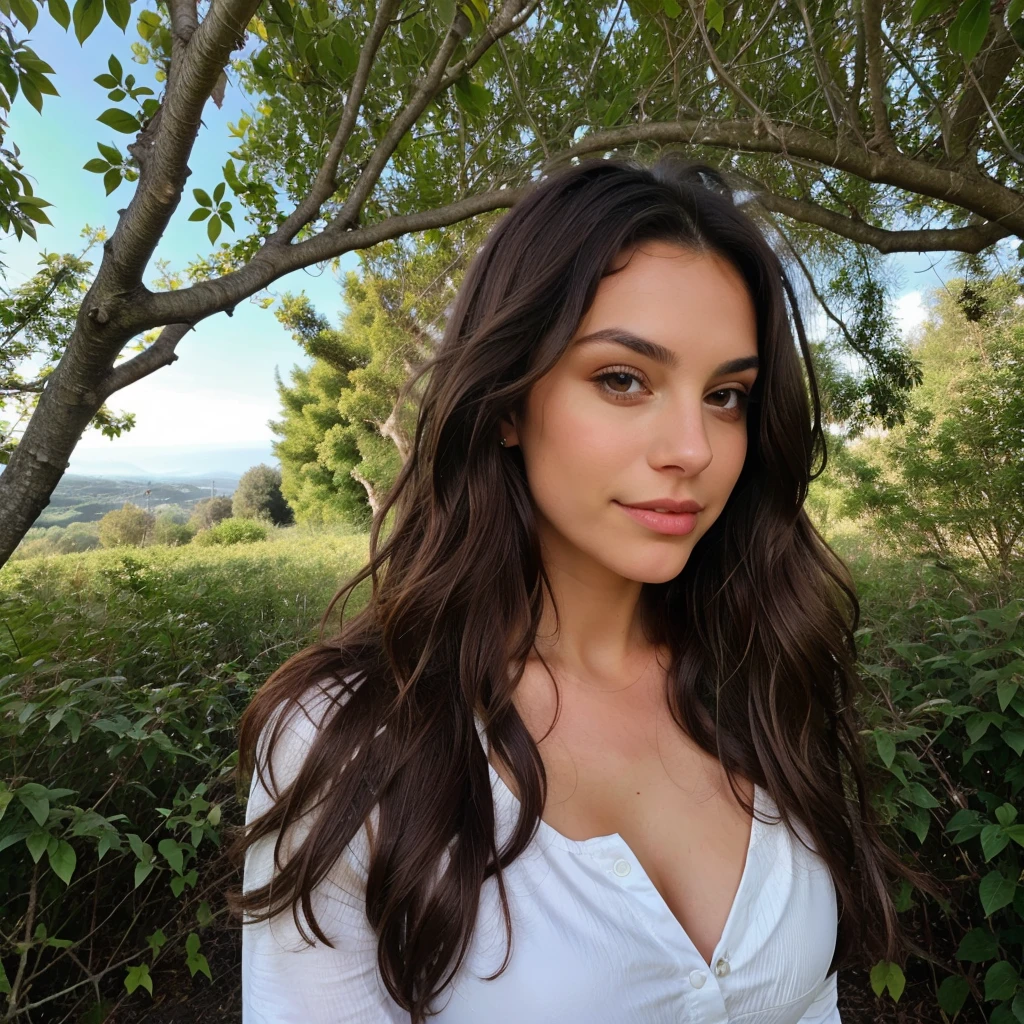 1 woman, long and wavy dark brown hair, dark brown eyes, nature, above, Jupe courte, Italy, mediuml breasts