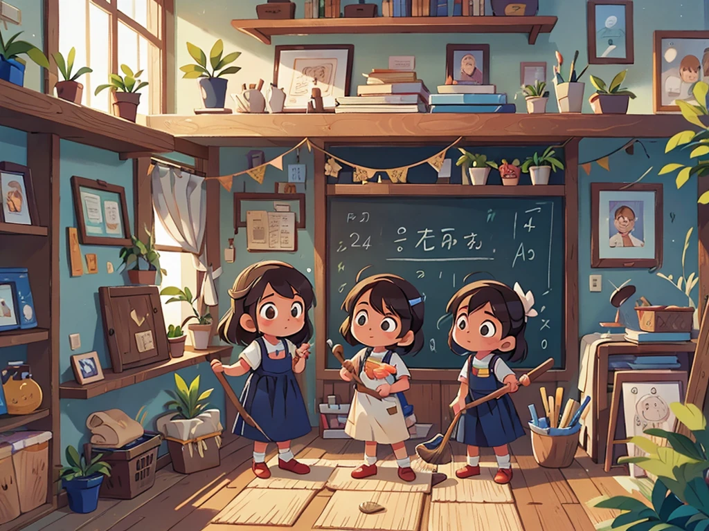 Three children working,Some hold brooms,Some hold mops,at home,Regardless of gender