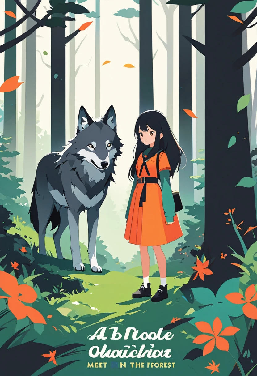 cover page, A girl and a wolf meet in the forest, flat Design,  vector illustrations,