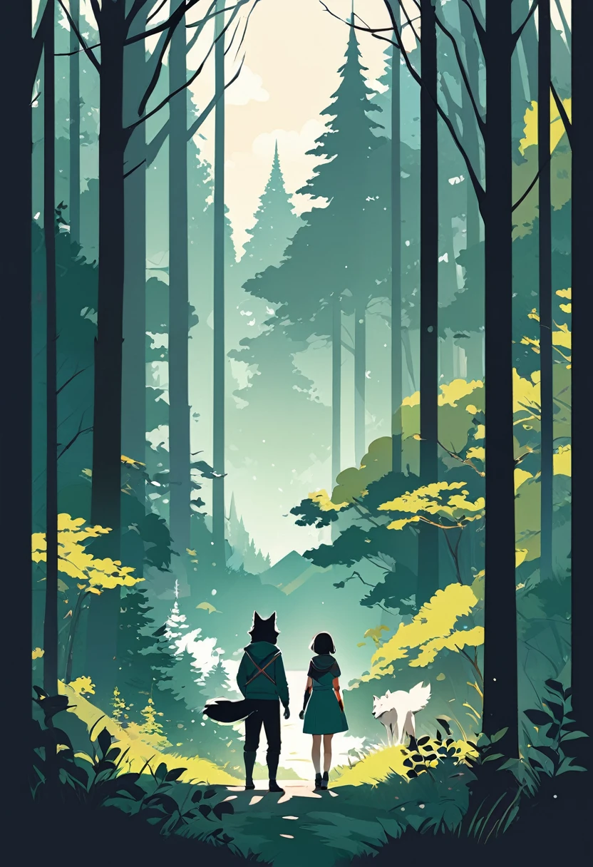 cover page, A girl and a wolf meet in the forest, flat Design, vector illustrations,