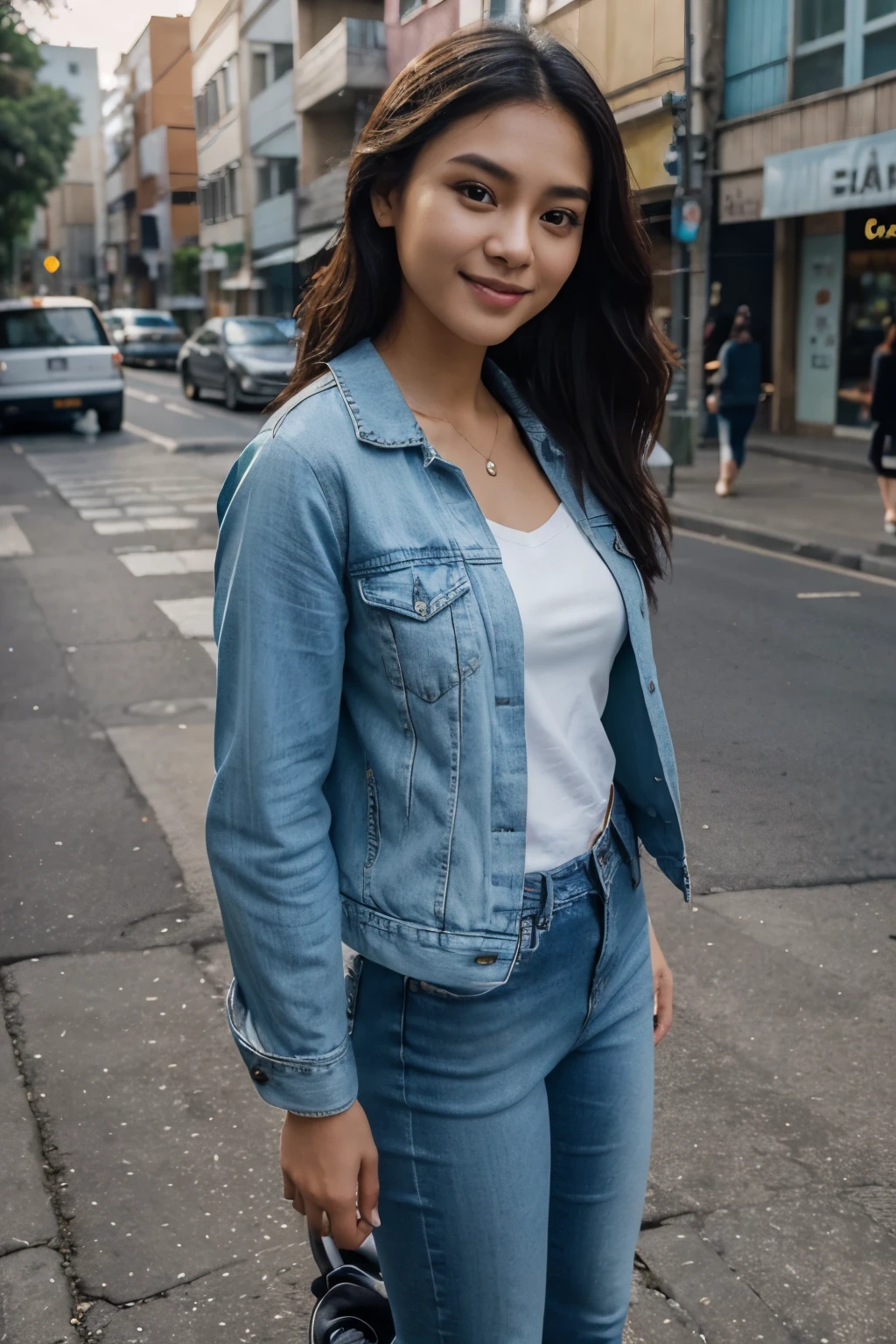 25 years old, a beautiful girl, an indonesian descent, an actress, outfit blouse, light blue jeans jacket, black skinny jeans, with sneakers, smile, standing, beauty, photorealistic, street, likely, loveable, 8k, perspective