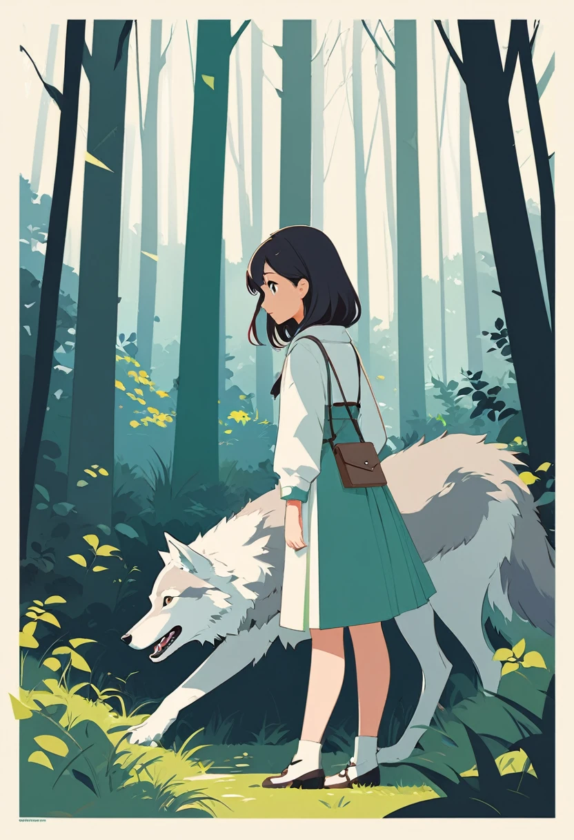 cover page, A girl and a wolf meet in the forest, flat Design,  vector illustrations,